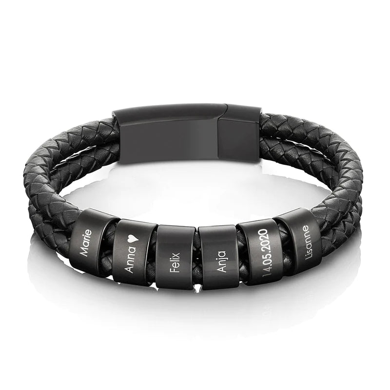 Bracelet en cuir avec perles noires gravées